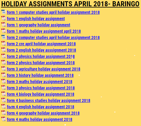 HOLIDAY ASSIGNMENTS APRIL 2018- BARINGO
