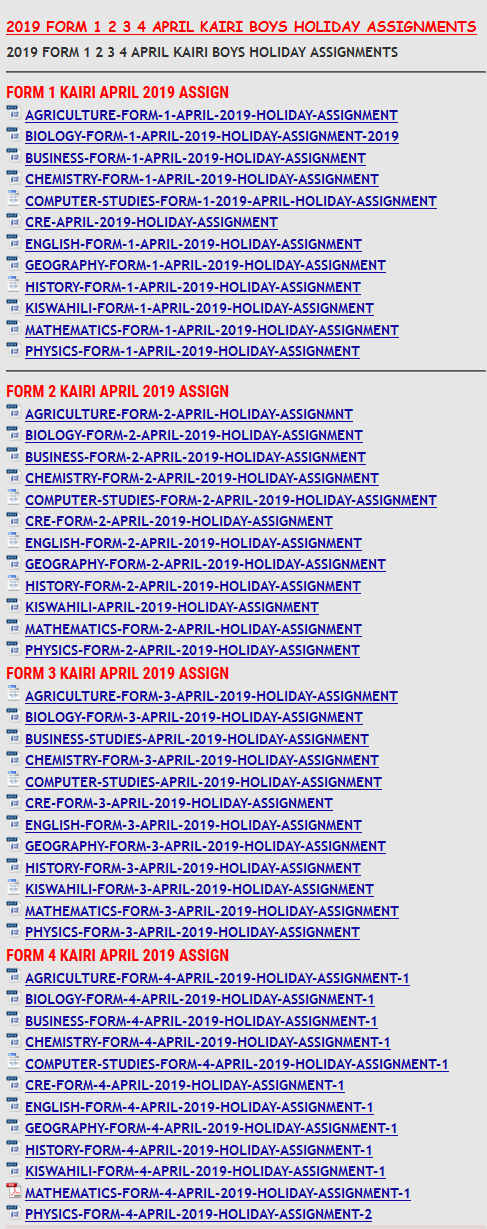 2019 FORM 1 2 3 4 APRIL KAIRI BOYS HOLIDAY ASSIGNMENTS - KCSE REVISION