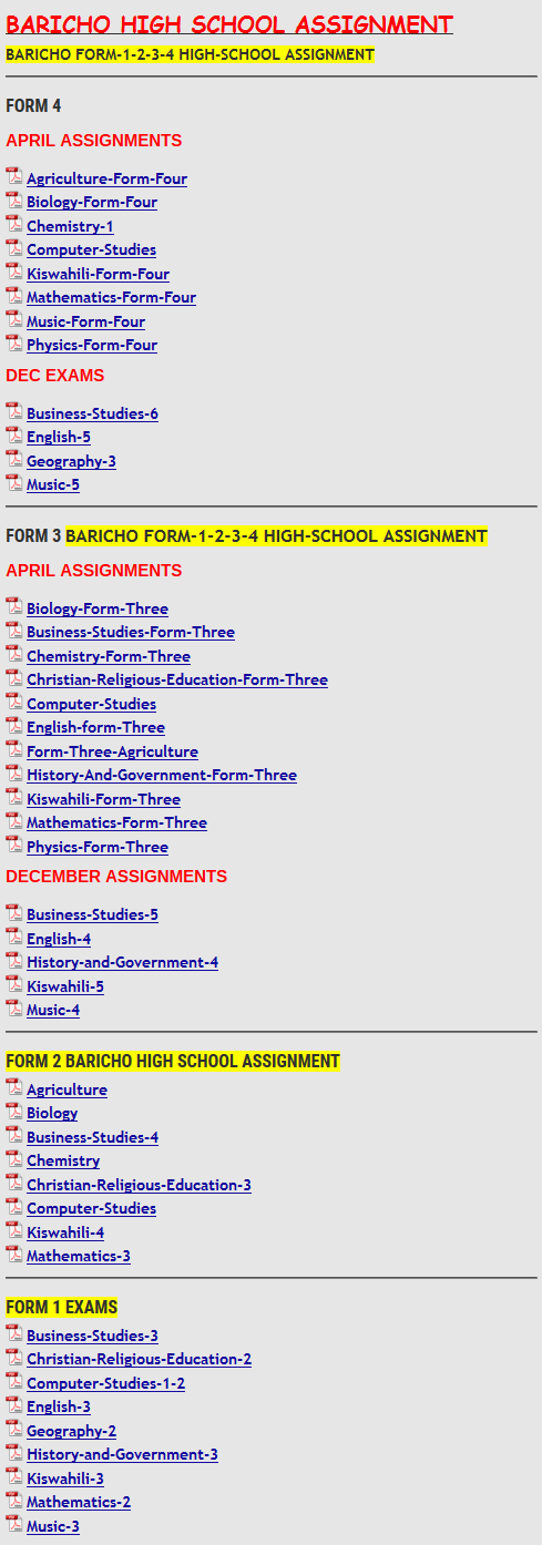 BARICHO HIGH SCHOOL ASSIGNMENT » KCSE REVISION