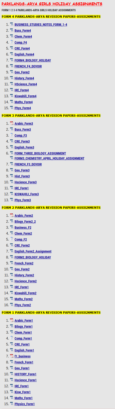 PARKLANDS-ARYA GIRLS HOLIDAY ASSIGNMENTS » KCSE REVISION