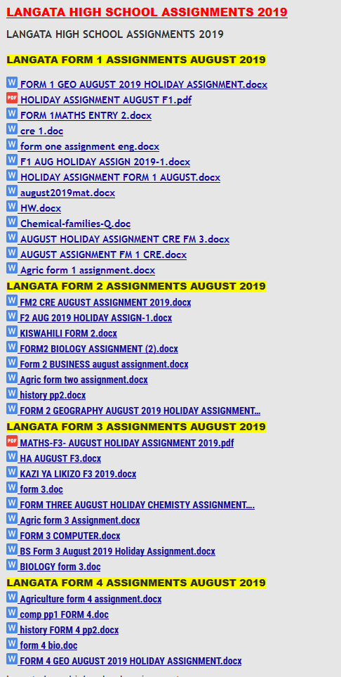 LANGATA HIGH SCHOOL ASSIGNMENTS 2019