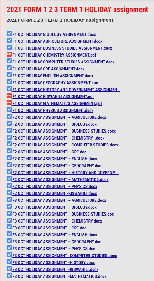 form 1 holiday assignment 2021