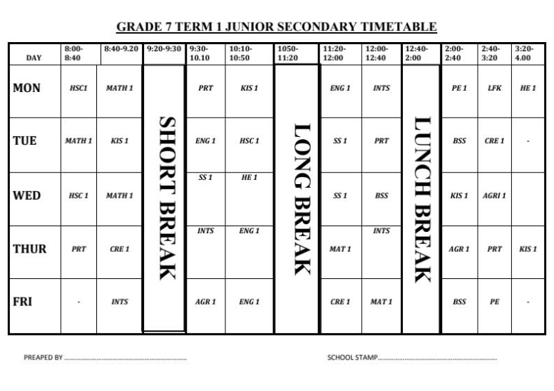 Grade 7 Junior Secondary Class Timetable KCSE REVISION   Grade 7 Tt 